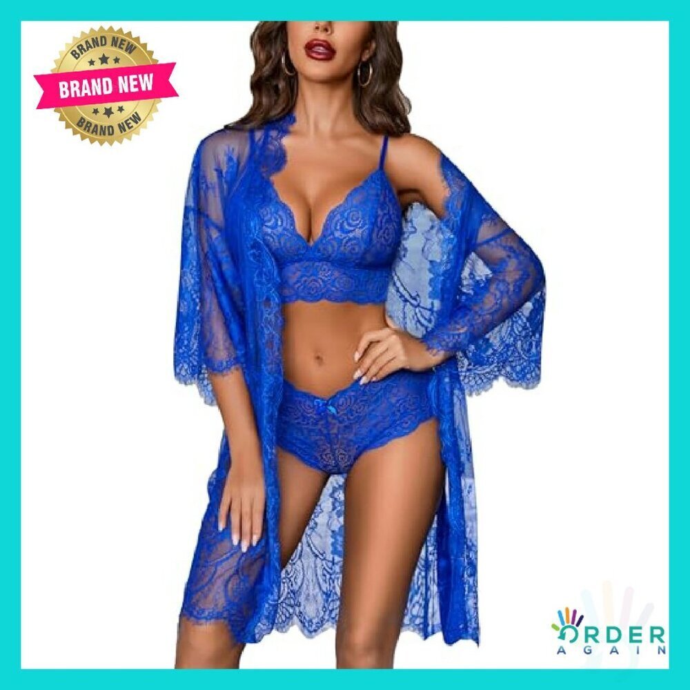 Lace Lingerie Set Elegant Mesh Robe Kimono Sleepwear Sexy 3 Piece - Picture 2 of 8